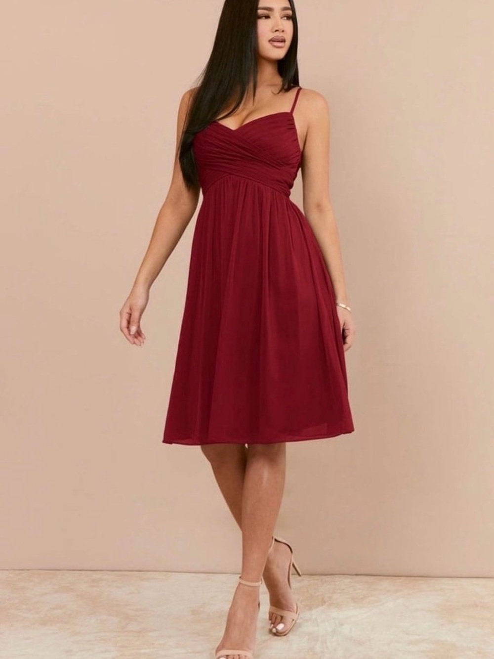 Spaghetti Strap Wine Red Midi Dress